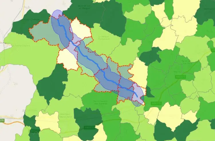 Exemple de zone tampon pour le département de la Dordogne