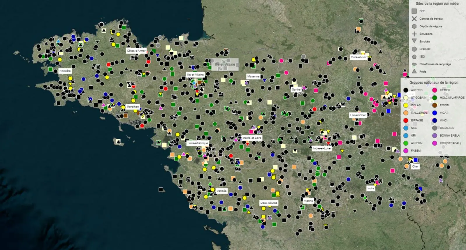 Sites et carrières par groupe et par métier localisées