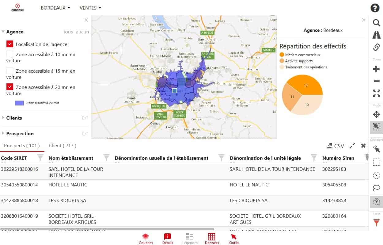 liste de prospection dans un tableau de bord géographique