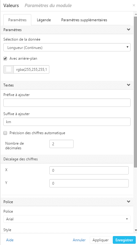 Paramètres du module Valeurs dans Cartes & Données