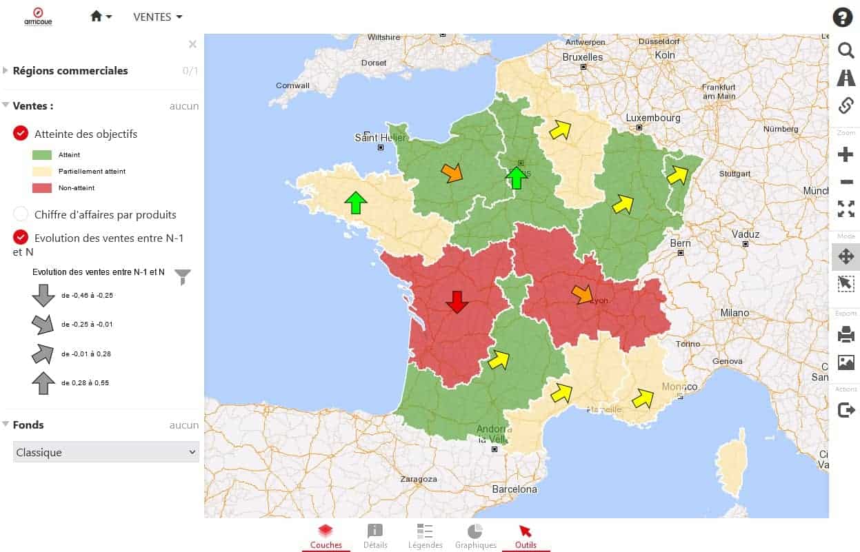 évolution des résultats commerciaux par région commerciale