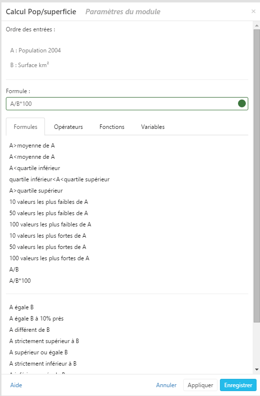 Illustration du module Calcul dans Cartes & Données