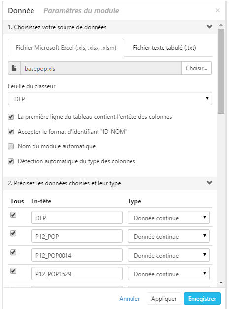 Fonctionnement du module Données dans le logiciel Cartes & Données