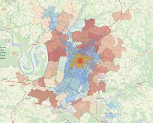 Zone de chalandise d'un magasin à Rouen (courbes isochrones)