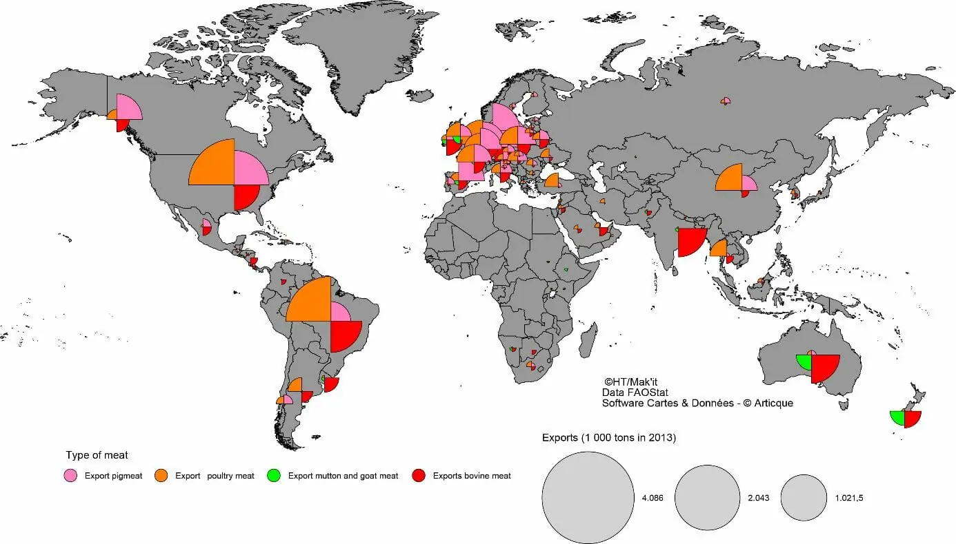 Carte des exportations de viande publiée dans l'étude d'Hervé Théry