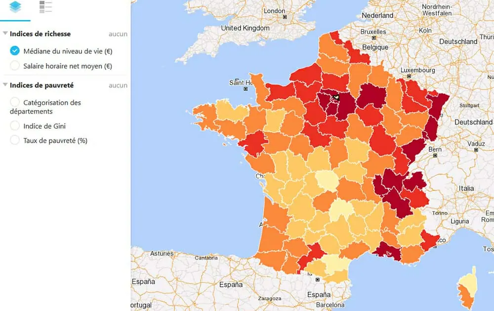 Cartographie de la médiane du niveau de vie en France