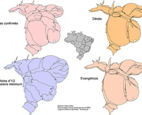 Cartes en anamorphose du Bresil durant l’epidemie de covid 19 : nombre de cas confirmés, nombre de décès, répartitions de la population touchant moins d’1/2 salaire et de la communauté evangelica