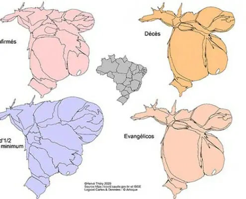 Cartes en anamorphose du Bresil durant l’épidémie de covid 19 : nombre de cas confirmés, nombre de décès, répartitions de la population touchant moins d’1/2 salaire et de la communauté evangelica