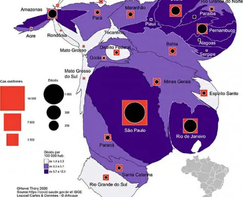 Carte en anamorphose de la population et nombre de cas confirmés/décès par État