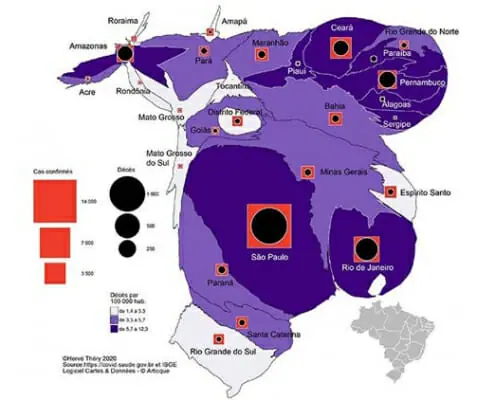 Carte en anamorphose de la population et nombre de cas confirmés/décès par État