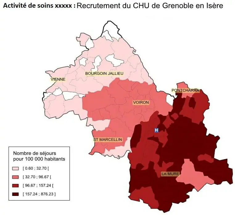 Carte du recrutement de patients du CHU de Grenoble