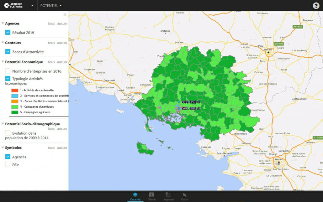 Carte d'activité d'une ville d'Eurysie de l'Ouest, utilisée pour identifier un lieu où ouvrir un magasin.