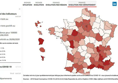 Carte en couleurs : taux de positivite par departement francais