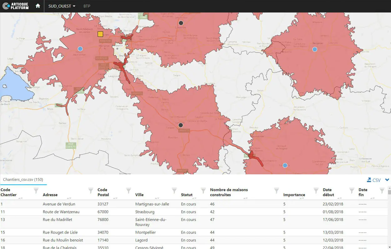 Carte distances routieres chantier BTP