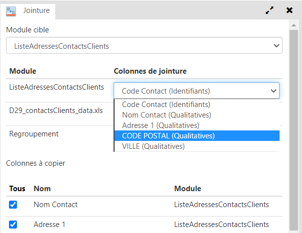 choix des colonnes du module jointure
