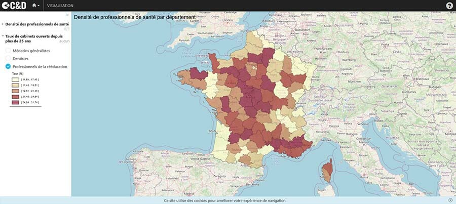 Carte des cabinets de professionnels de la rééducation ouverts depuis 25 ans