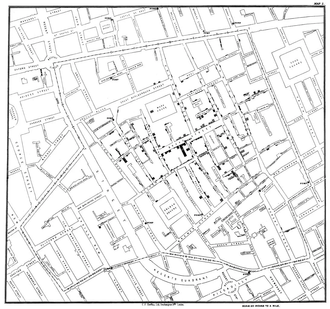 Carte de John Snow du choléra à Soho en 1854