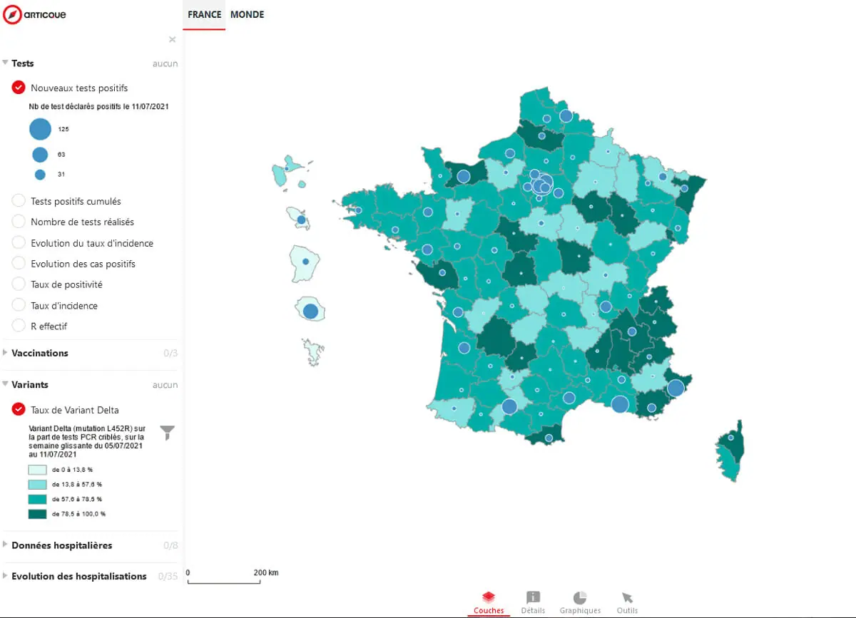 Variant Delta et nouveaux tests positifs au COVID-19 en France