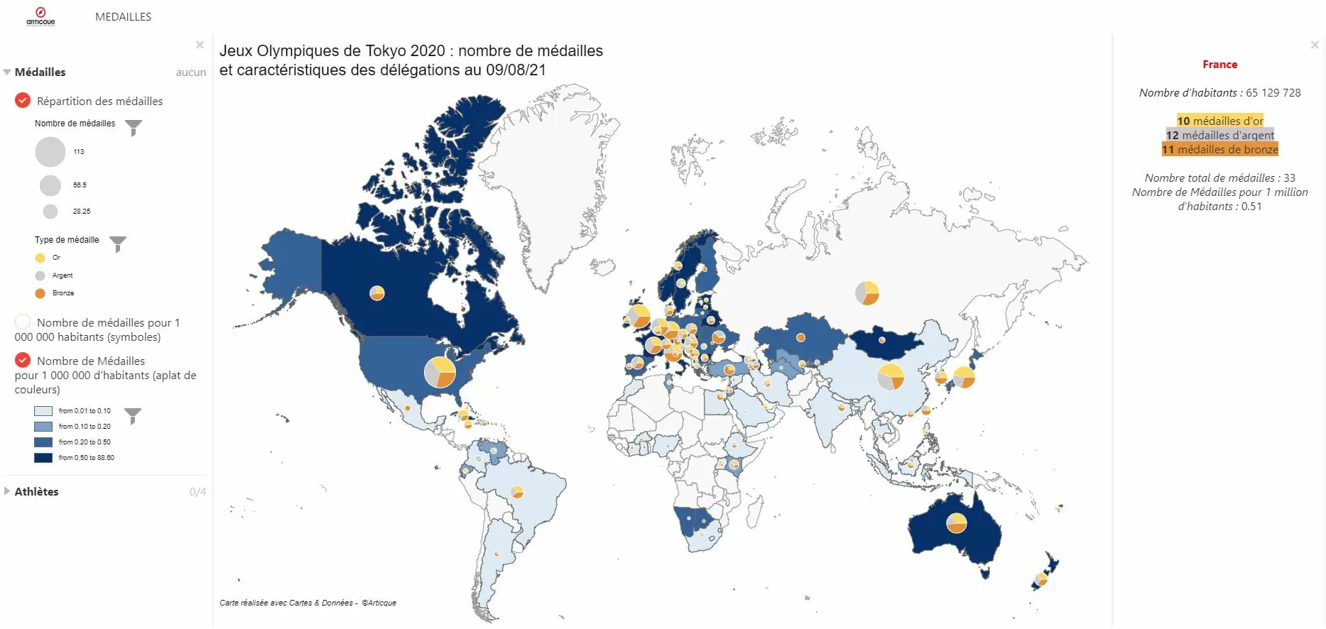 carte répartition des médailles olympiques tokyo 2020