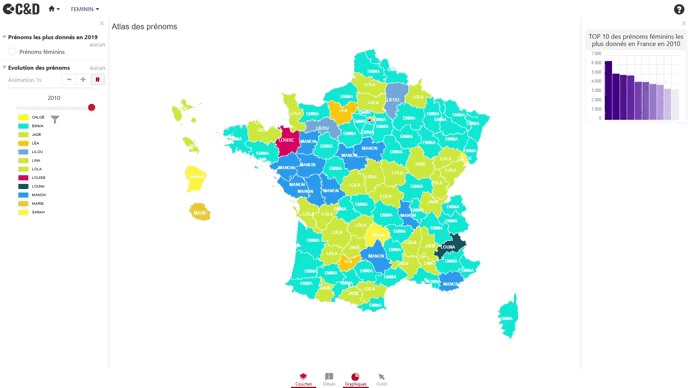 Carte interactive des prénoms populaires en France entre 1900 et 2019