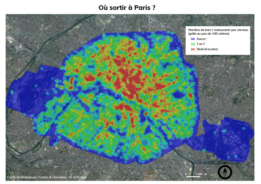 Carte des bars et restaurants parisiens réalisée pour le 30DayMapChallenge 2021