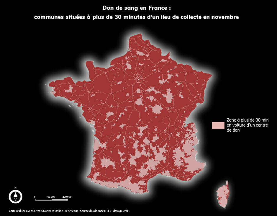 Carte de l’accessibilité aux lieux de collecte de sang en France