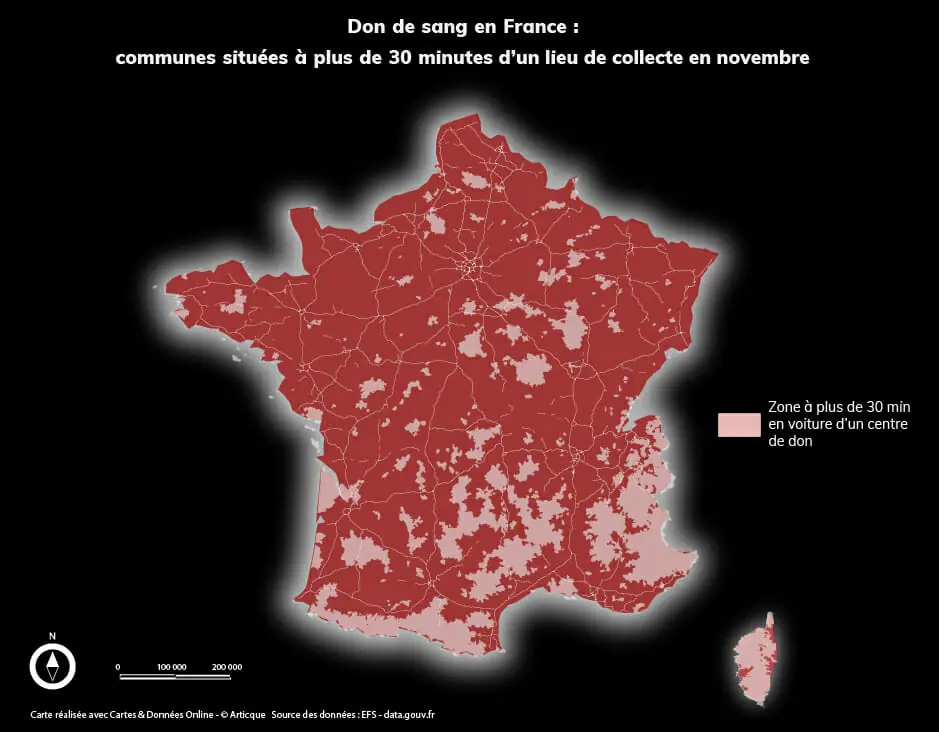 Carte de l’accessibilité aux lieux de collecte de sang en France