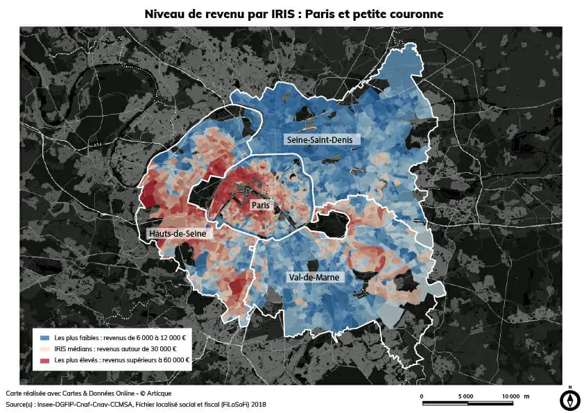Carte du niveau de revenu à Paris et dans la petite couronne