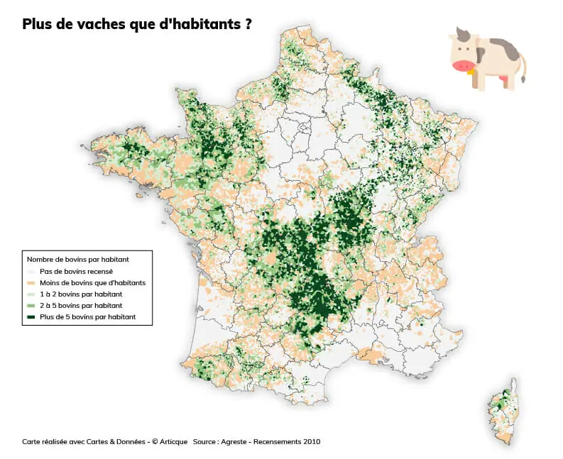 Carte du nombre de bovins par habitant en France