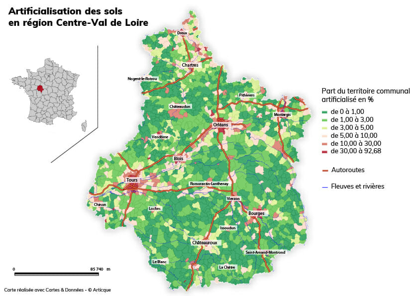 Carte de l’artificialisation des sols en Centre-Val de Loire réalisée pour le 30DayMapChallenge