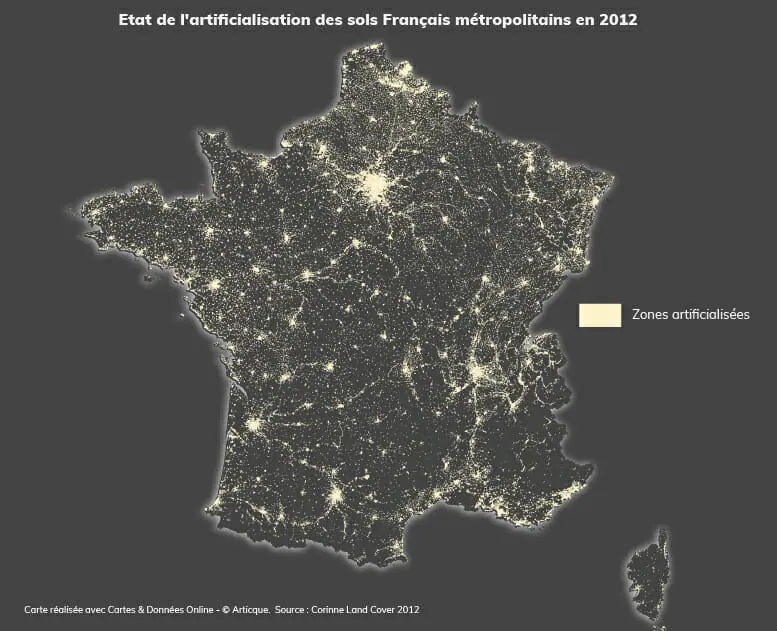 Carte de l’artificialisation des sols en France réalisée pour le 30DayMapChallenge