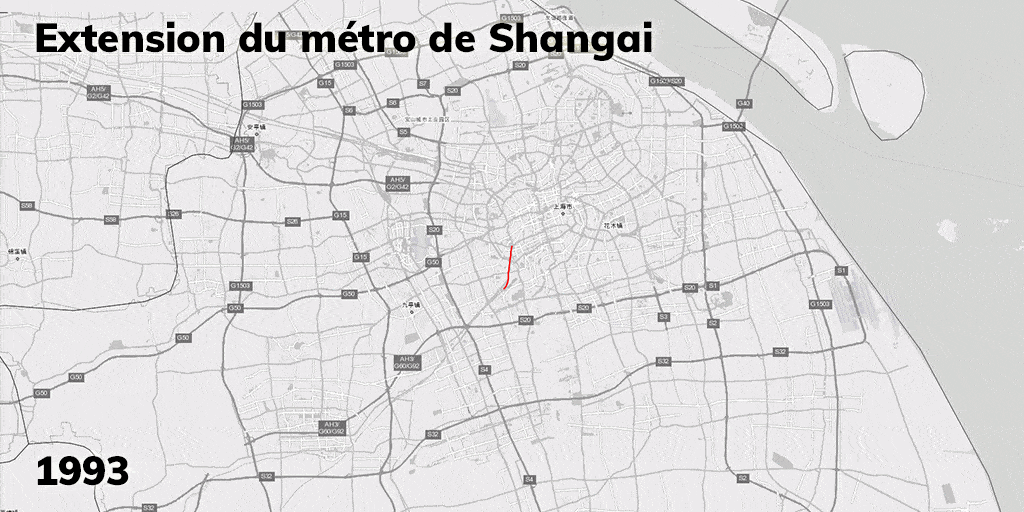 Animation temporelle des extensions du métro de Shangaï entre 1993 et 2021