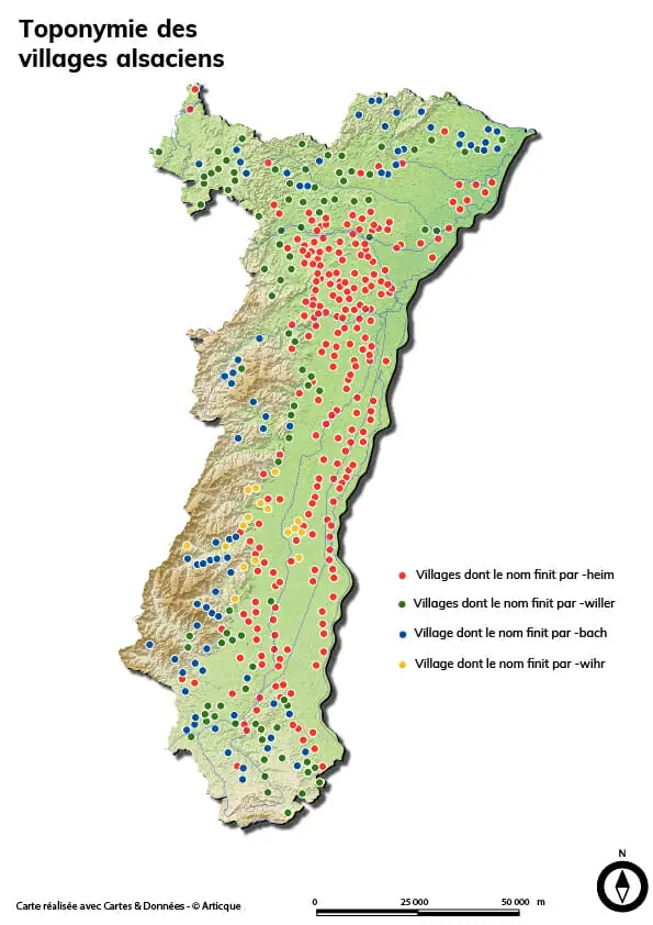 Carte des toponymes alsaciens réalisée pour le 3àDayMapChallenge