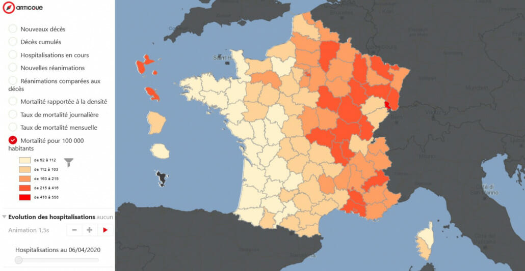 Carte de l‘évolution de l’epidemie de coronavirus en France