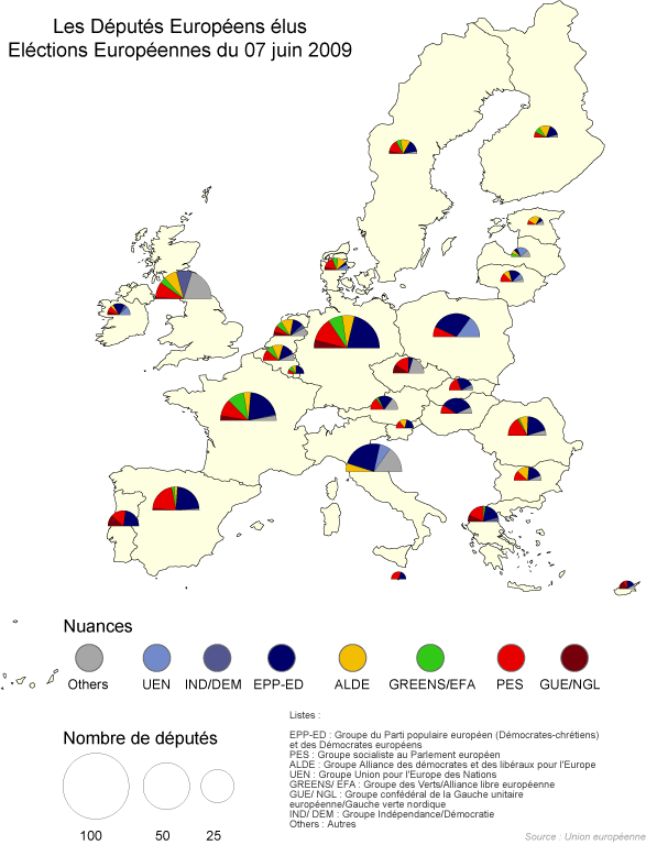 Députés européens élus en 2007 par nuance politique et par pays