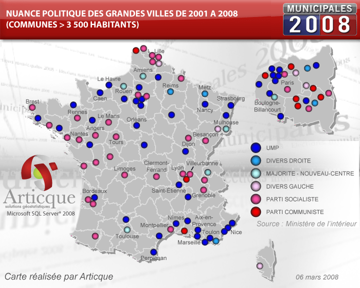 Carte des nuances politiques des grandes villes lors des élections municipales de 2008