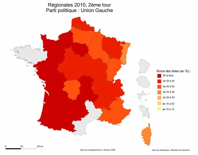 Résultats de l'Union de la Gauche au second tour des élections régionales 2010
