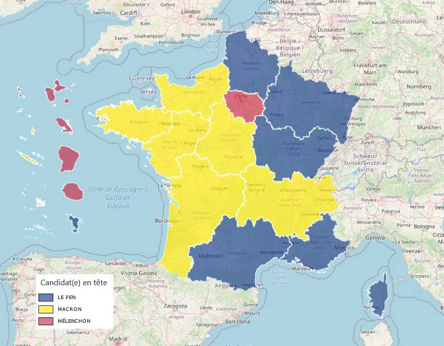 Candidats en tête du premier tour de la présidentielle 2022 par région