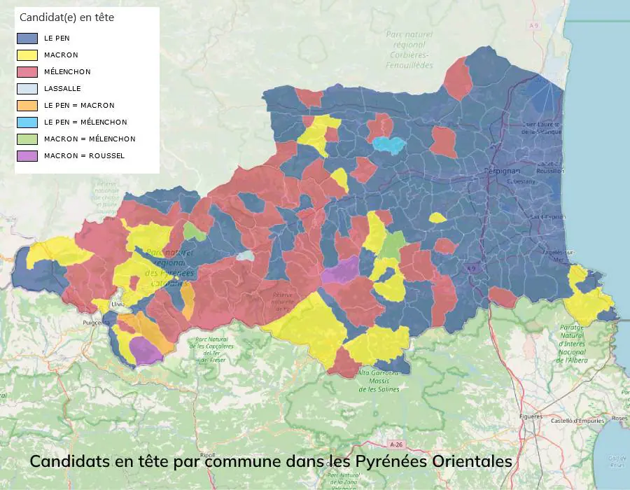 Candidats en tête du premir tour des présidentielles 2022 par commune - Pyrénées Orientales