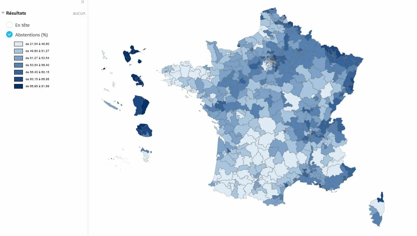 carte de l'abstention su second tour des élections législatives 2022