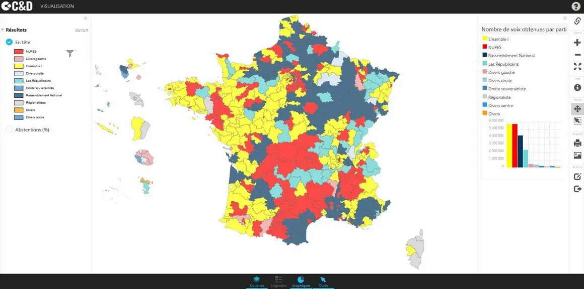 carte interactive des nuances en tête lors du premier tour des législatives 2022