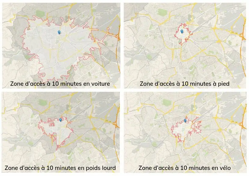 exemple de zone de chalandise à dix minutes selon différents moyens de déplacement