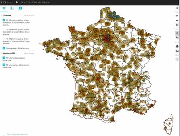 Carte de l'accès à 20 km autour des antennes du Secours Populaire Français