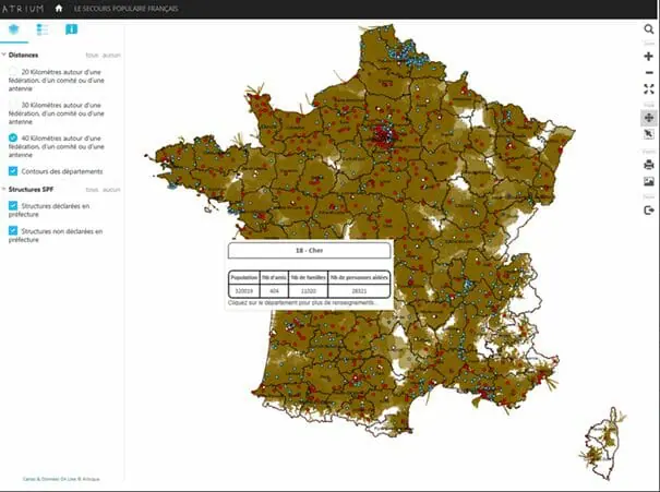 Carte de l'accès à 40 km autour des antennes du Secours Populaire Français