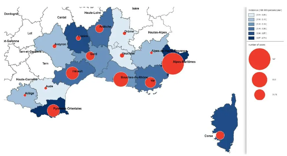 Répartition des cas de leishmaniose dans le Sud-Est de la France