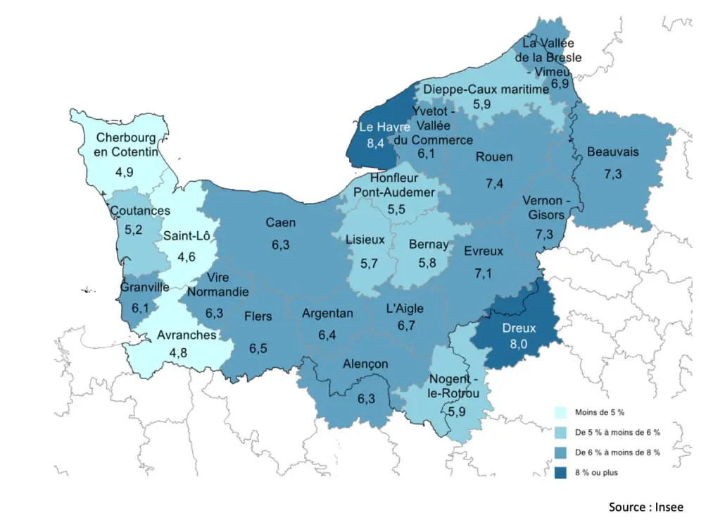 Taux de chômage en Normandie par Zone d'emploi au premier trimestre 2023