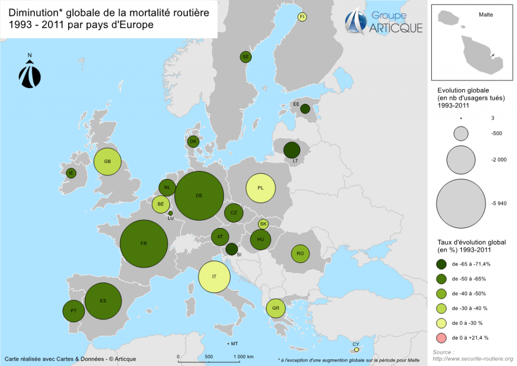 Evolution de la mortalité routière par pays d'europe - 1993/2003