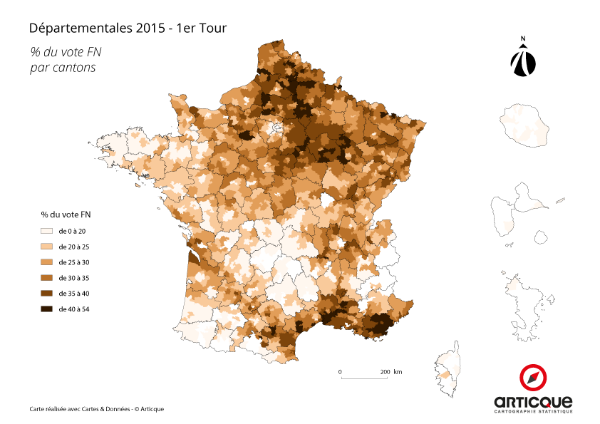 Départementales 2015 - Tour 1 : % du vote FN, par cantons