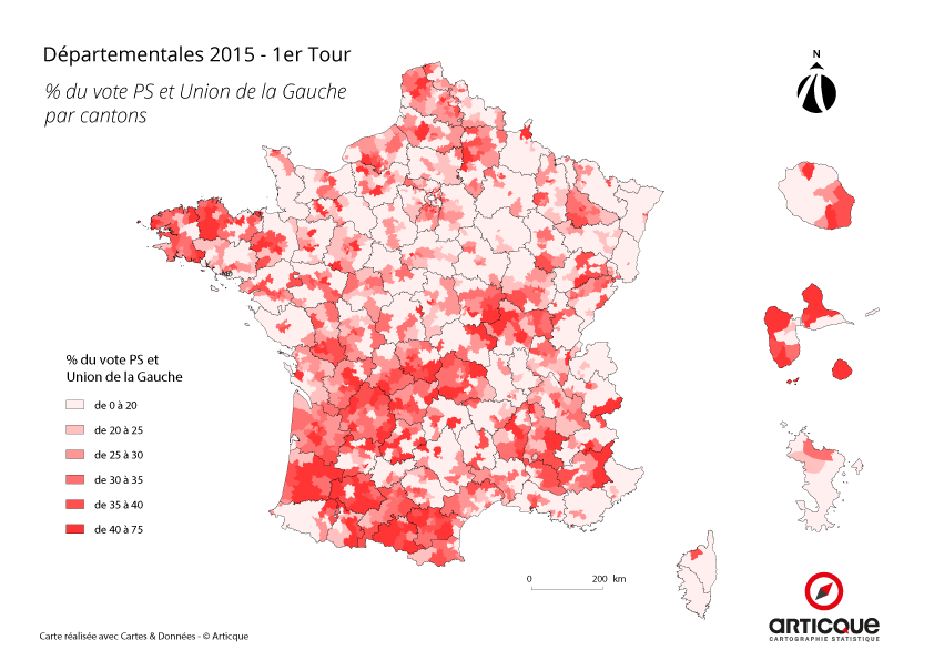 Départementales 2015 - Tour 1 : % du vote PS et Union de la Gauche, par cantons