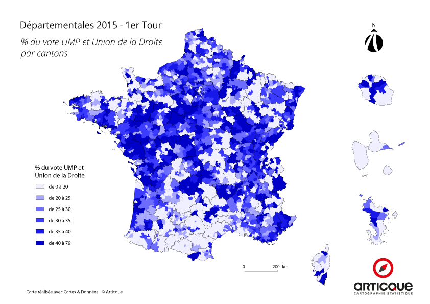 Départementales 2015 - Tour 1 : % du vote UMP et Union de la Droite, par cantons